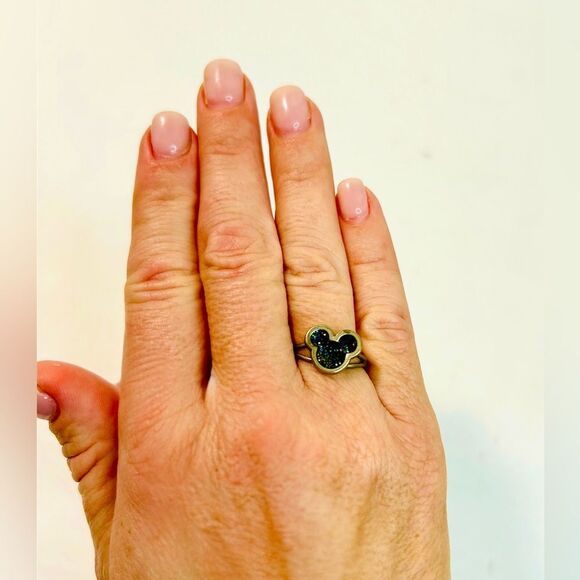 Disney Mickey Mouse Silver Tone Black Glitter Mouse Ears Ring Adjustable - Picture 2 of 6